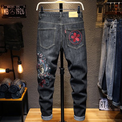 Quần Jeans Thêu Họa Tiết Phối Rách Phong Cách Châu Âu Cho Nam