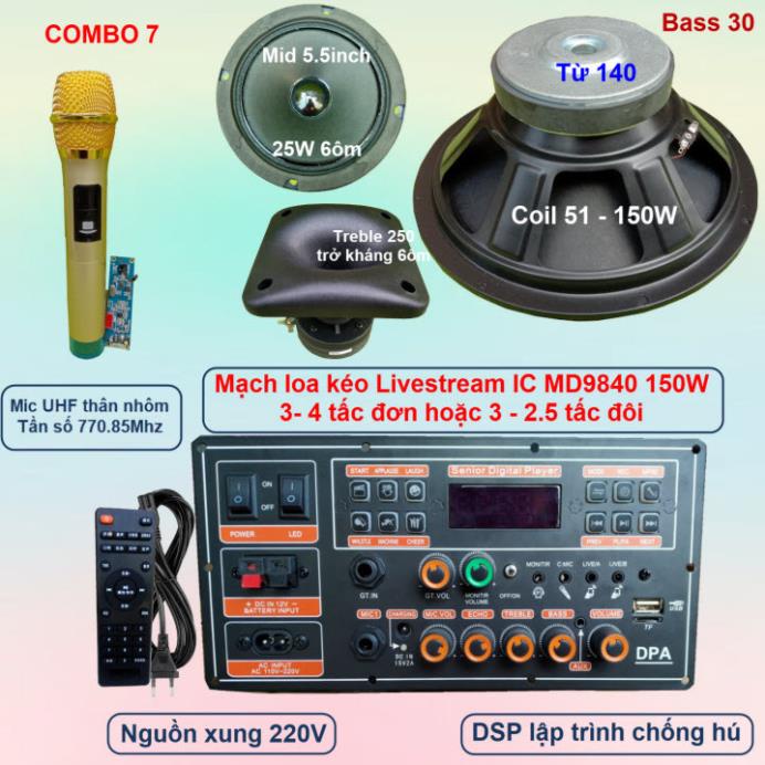 Mạch loa kéo 3 tấc đơn 3 đường tiếng LIVESTREAM DSP lập trình chống hú IC MD9840 150W có nguồn xung