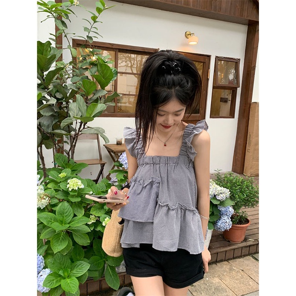 Áo Cotton Hai Dây Nhún Bèo Họa Tiết Kẻ Sọc Phong Cách Retro Phương Tây Thời Trang Mùa Hè Hàng Mới