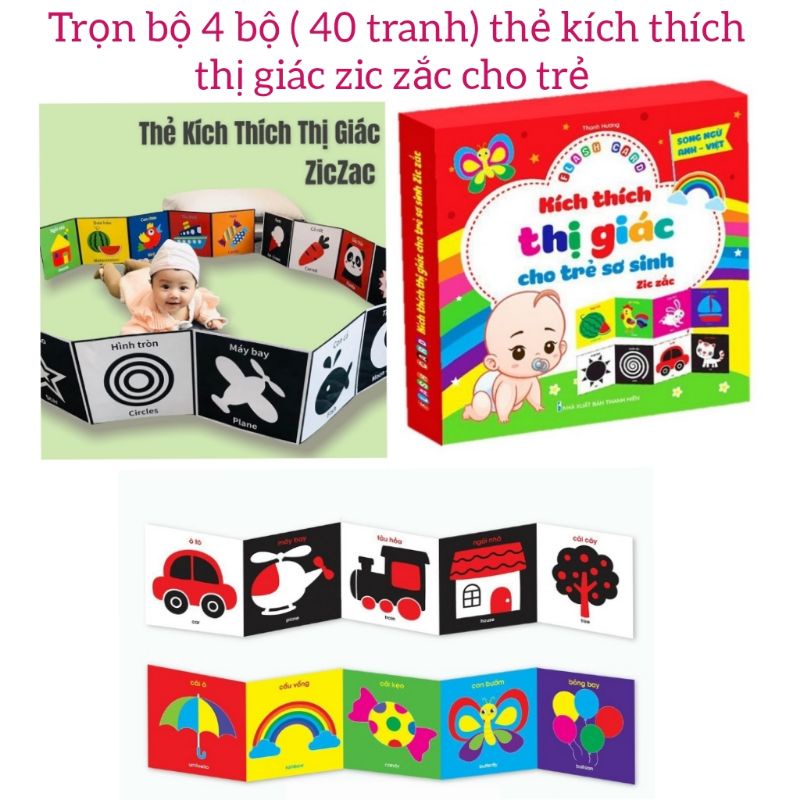 Combo 4 bộ Zic Zắc Kích Thích Thị Giác Cho Trẻ Sơ Sinh - 40 tranh Flash Card Song ngữ Anh - Việt