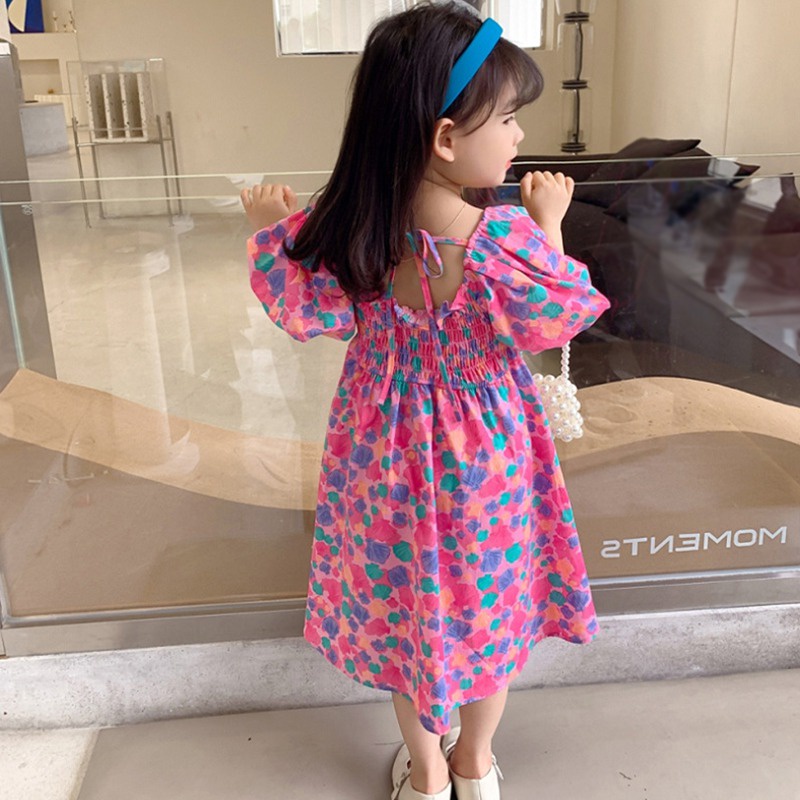 Đầm Công Chúa Cổ Vuông Tay Phồng Xếp Ly In Họa Tiết Hoa Thời Trang Mùa Hè Hàn Quốc Cho Bé Gái