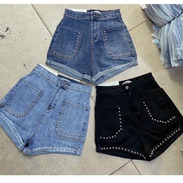 Quần Short Jean Nữ Aiori Trơn Cạp Cao Đính Cườm Soc Bò Cotton Co Giãn Cao Cấp, Thoáng Mát, Mềm Mịn_Mã 4049