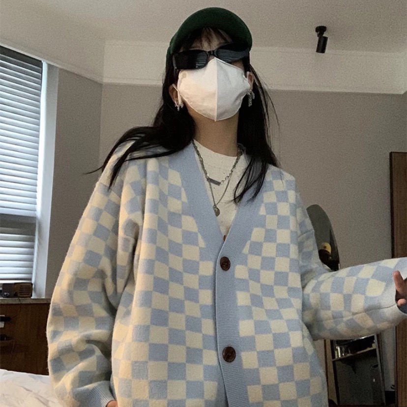 COZOK Áo sweater cổ chữ V họa tiết sọc caro phong cách Hàn Quốc