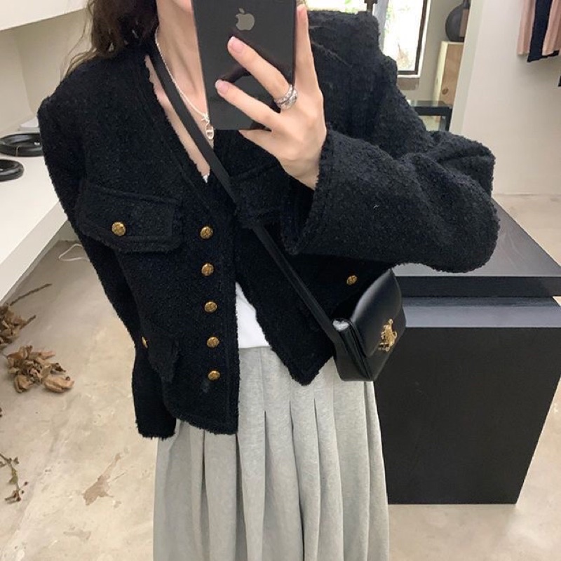 ÁO DẠ TWEED ĐEN DÁNG NGẮN - ÁO KHOÁC NỮ THU ĐÔNG