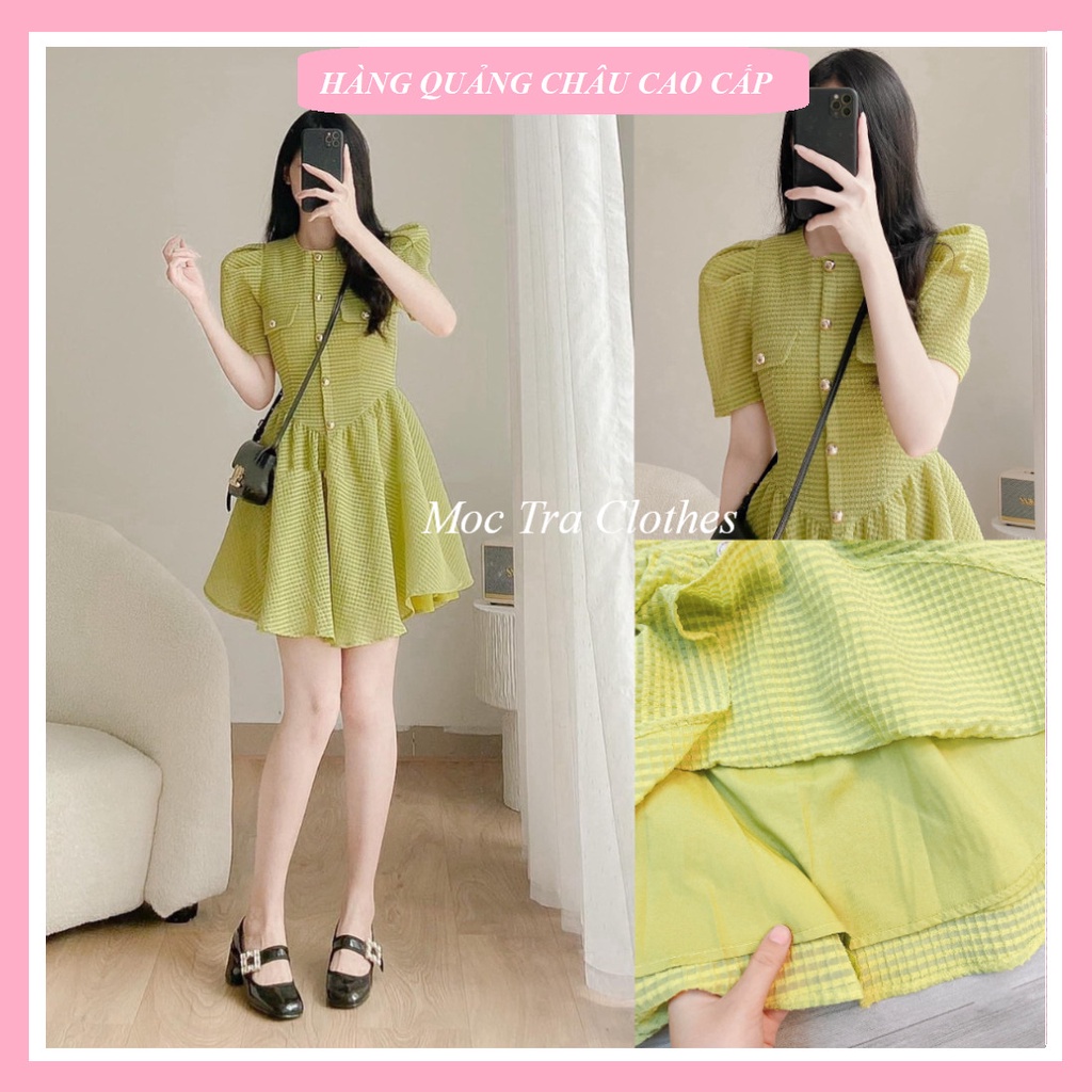 Váy xòe xanh cốm Quảng Châu thiết kế tay bồng tiểu thư, Đầm nữ dự tiệc dáng xòe ngắn sang trọng rẻ đẹp