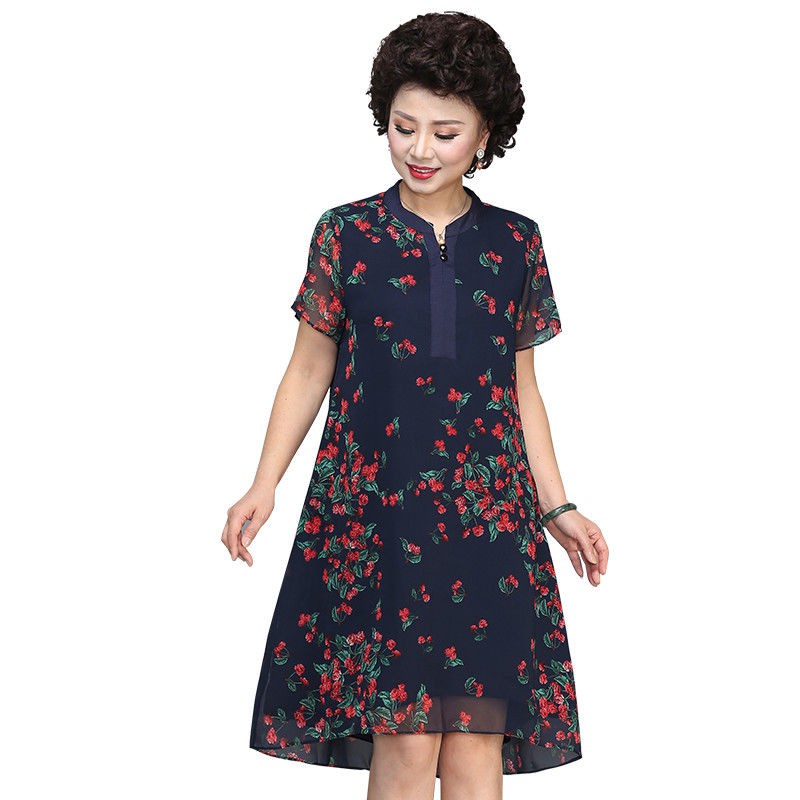 giá rẻ đẹpNgày của mẹ váy voan dài tay trung niên mùa hè ngắn lớn size mới cho quần áo phụ nữ và cao tuổi