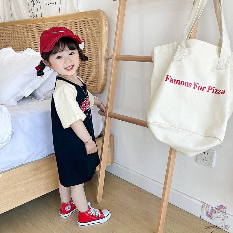 Đầm Cotton Ngắn Tay In Chữ Thời Trang Mùa Hè Hàn Quốc Dành Cho Bé Gái