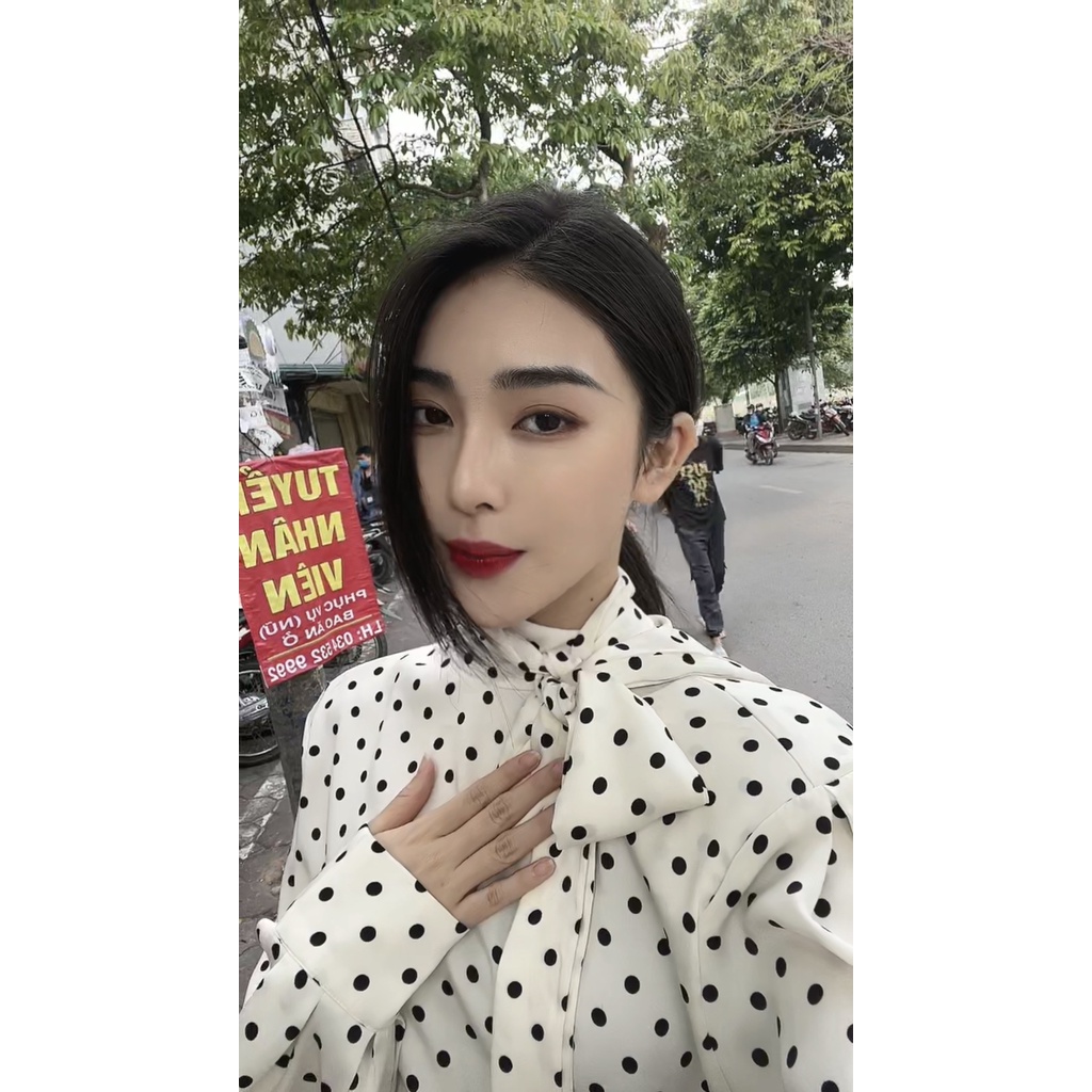 Áo sơ mi lụa satin chấm bi nữ HUONG BOUTIQUE HBSM938 cổ nơ