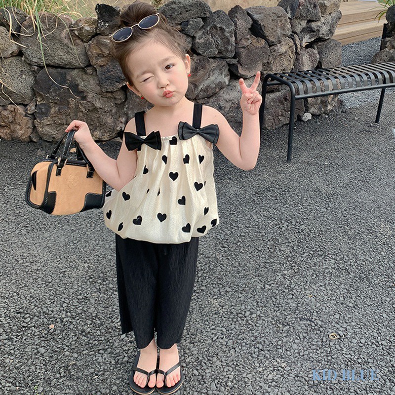 Bộ Áo Đính Nơ Đen + Quần Ống Rộng Thời Trang Mùa Hè Hàn Quốc Cho Bé Gái