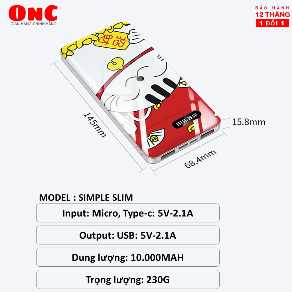 [BẢO HÀNH 12 THÁNG] Sạc dự phòng ONC Simple Slim S 10000mAh, Pin dự phòng sạc nhanh chính hãng