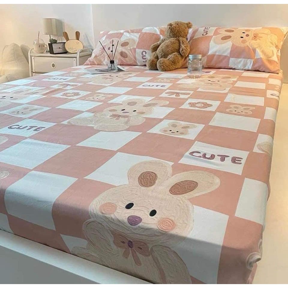 Bộ chăn ga gối Cotton Poly mẫu Thỏ hồng chất liệu mềm đẹp thấm hút tốt