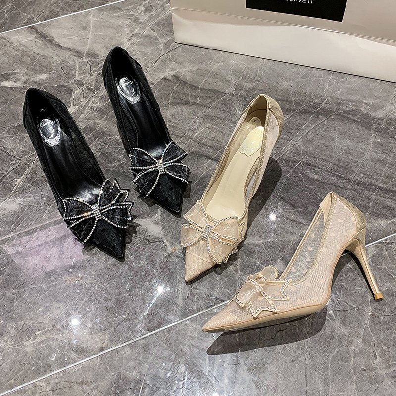 Giày Cao Gót Mũi Nhọn Đính Nơ Phong Cách Hàn Quốc Cho Cô Dâu Và Phù Dâu
