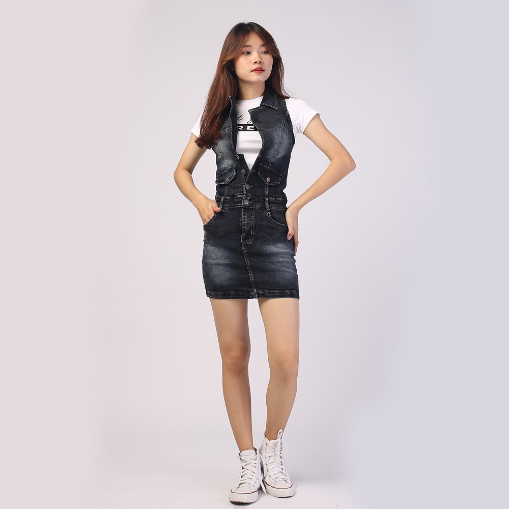 Chân váy liền áo jean HANOIJEAN - Chân váy ngắn màu xanh xám co giãn chân váy bò VAY007 | BigBuy360 - bigbuy360.vn