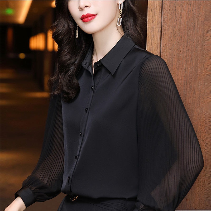 Áo Sơ Mi chiffon Đen Tay Dài Thời Trang Cho Nữ