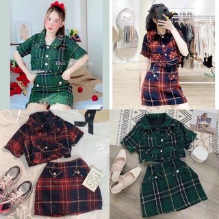 Set áo bố caro nút ngọc kèm chân váy