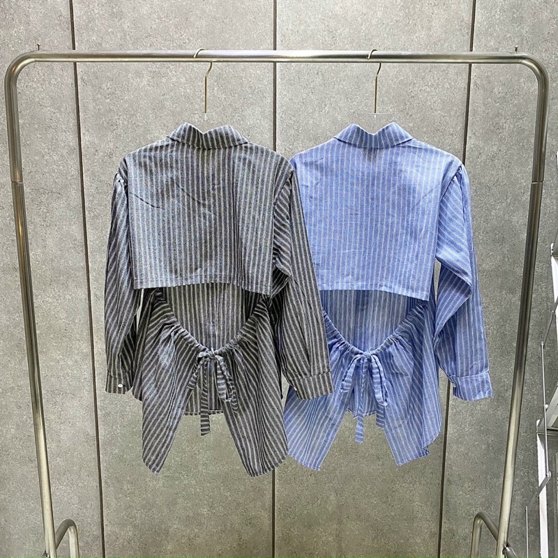 Áo sơ mi kẻ buộc nơ lưng 2 màu xanh đen✅H203