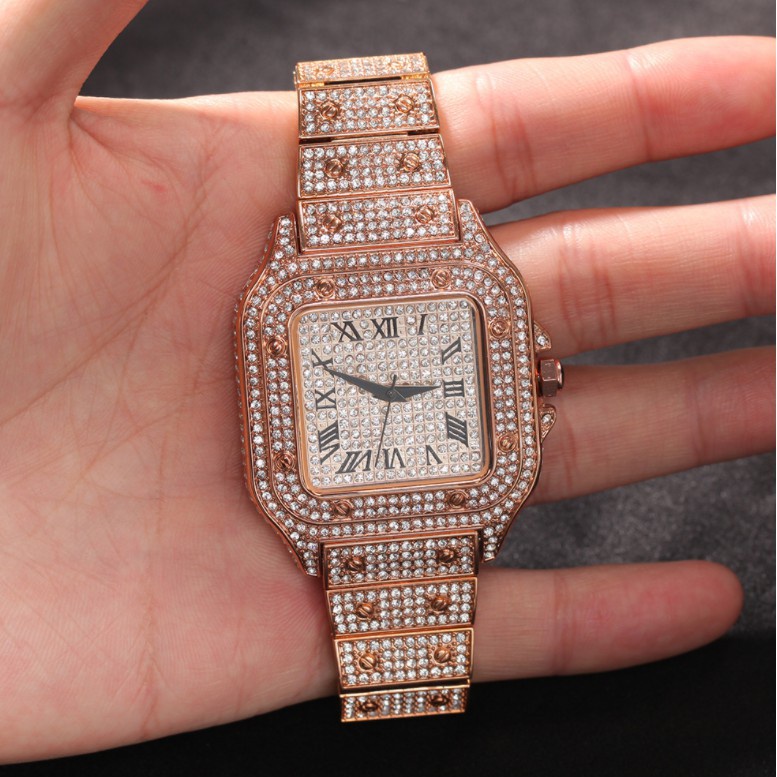 Đồng Hồ Quartz Nam Mặt Vuông Đính Hột Xoàn