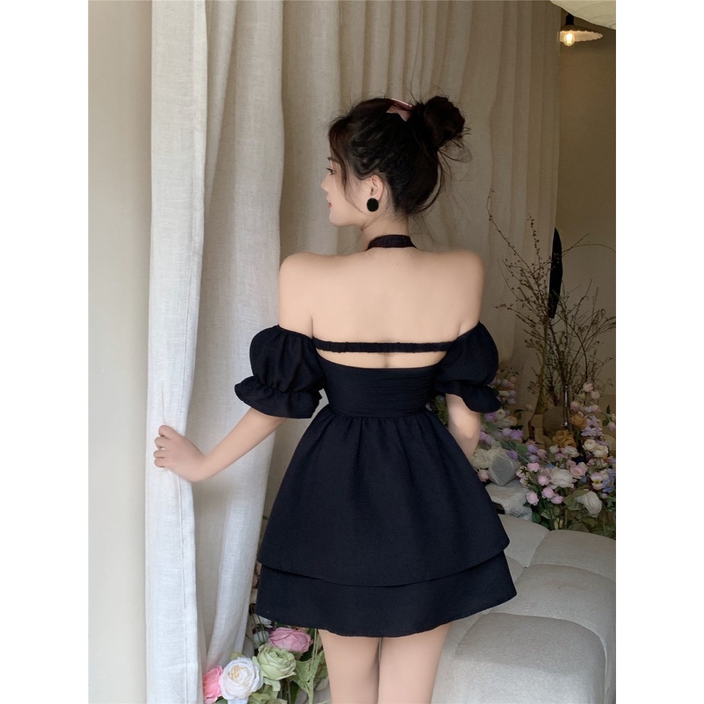 Đầm Trễ Vai Tay Phồng Cổ Thắt Nơ Eo Cao Phong Cách Pháp Ngọt Ngào