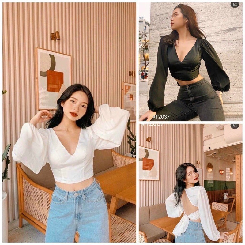 Áo crop body cổ V xẻ sâu hở lưng cột nơ