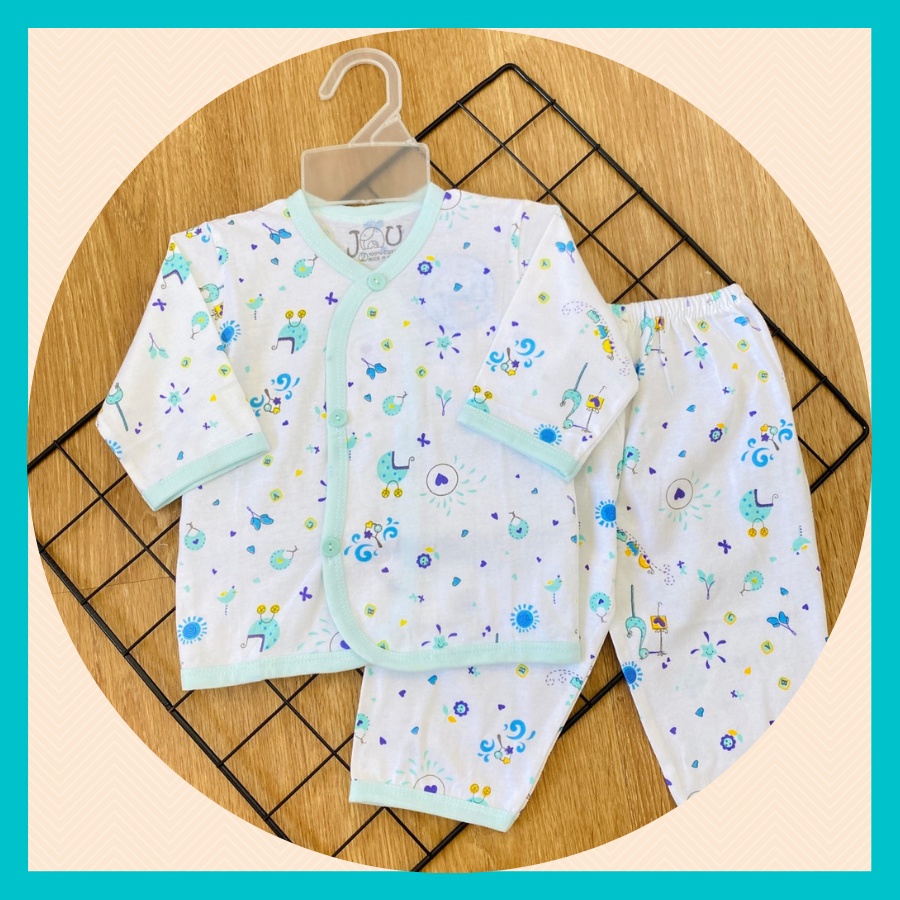 Bộ quần áo sơ sinh Tay Dài Cài Xéo Họa Tiết JOU, chất vải cotton 100% cao cấp mềm, mịn, thoáng mát, hàng giao giống hình