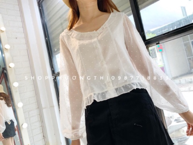 Áo sơmi voan tơ chấm bi - sơmi tiểu thư vintage (hình shop tự chụp/sẵn)