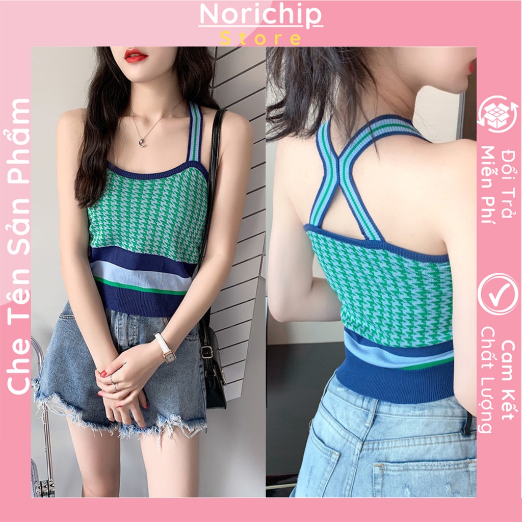 Áo hai dây nữ len tăm dây chéo sau lưng cách điệu siêu dễ thương NORICHIP Áo croptop ôm body phối màu cầu vồng cá tính.