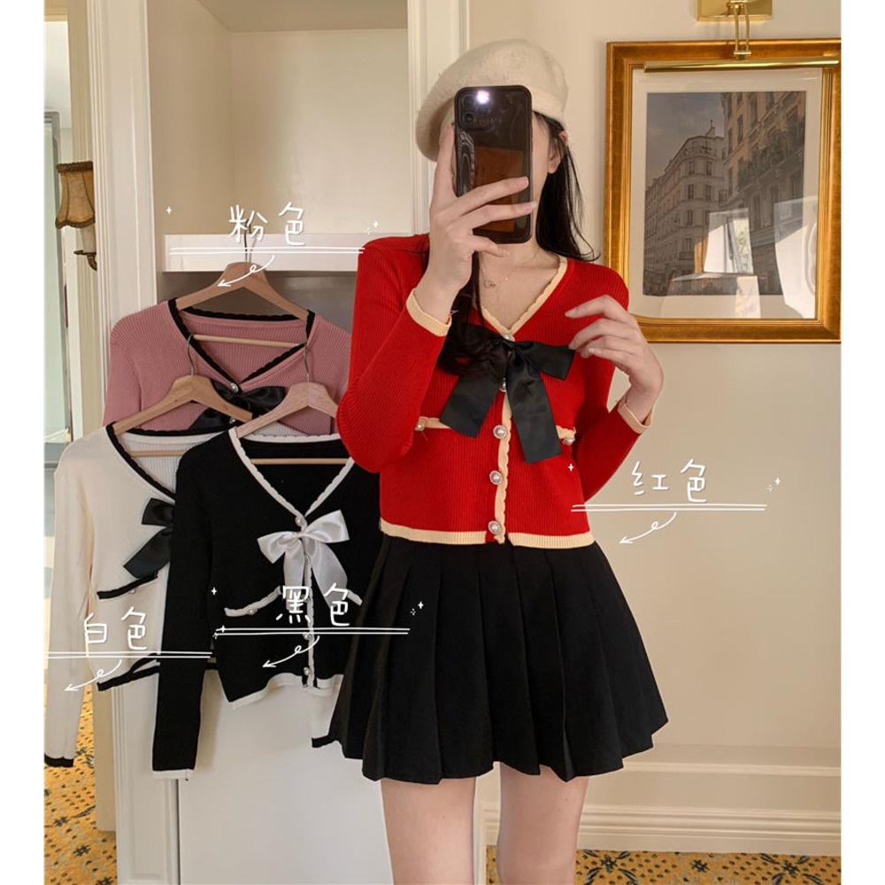 Áo Sweater Dệt Kim Tay Dài Cổ Chữ V Đính Nơ Phối Ngọc Trai Thời Trang Hàn Quốc Cho Nữ