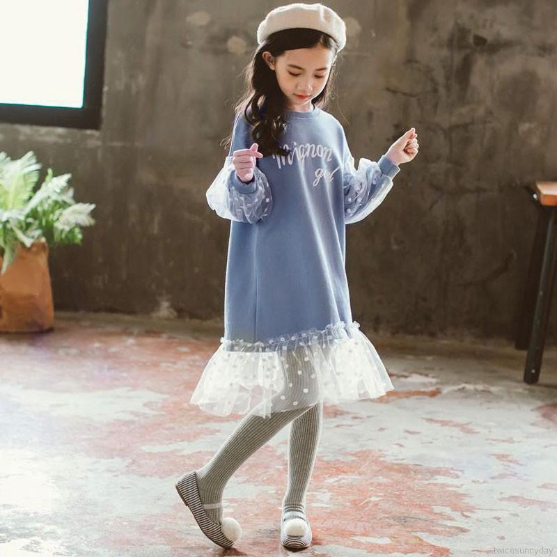 Đầm đuôi cá dài tay phối lưới thời trang cho bé gái