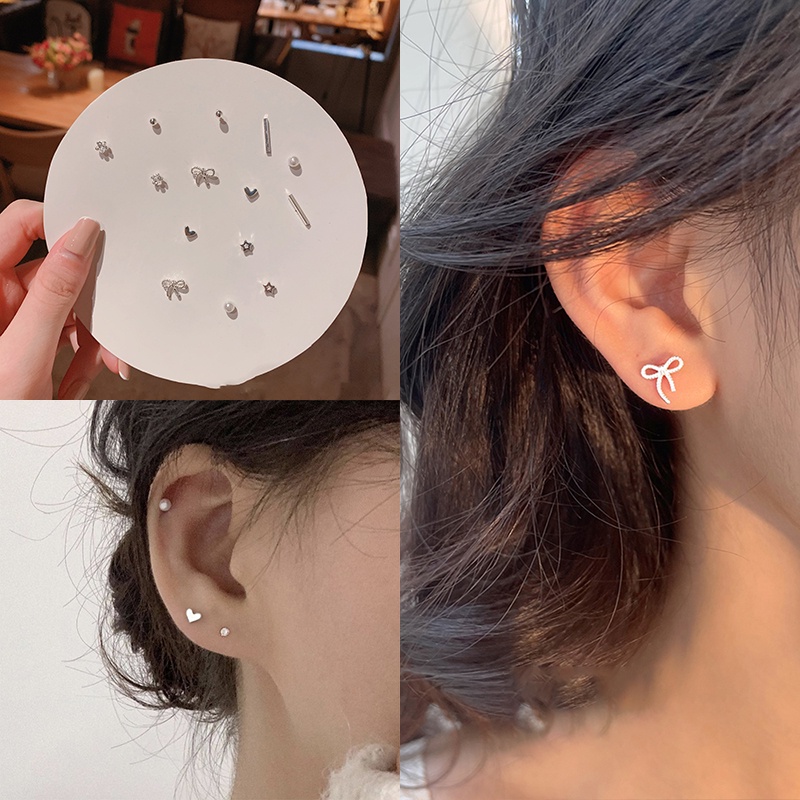 Set 7 Đôi Bông Tai Bạc S925 Hình Nơ / Đám Mây Màu Cầu Vồng Chống Dị Ứng Cho Nữ Sinh