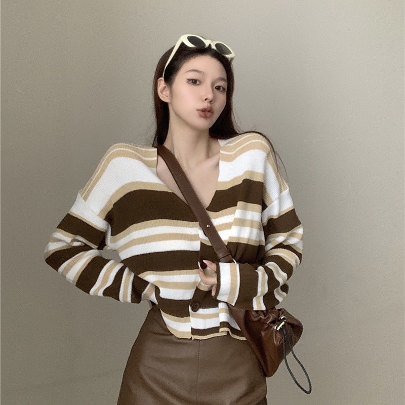 Áo cardigan ZHELIHANGFEI dệt kim tay dài cổ chữ V lưng cao kẻ sọc thiết kế quyến rũ cho nữ