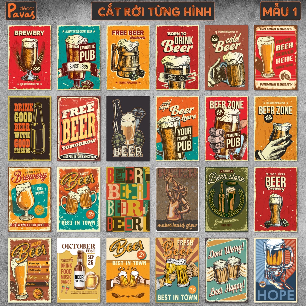 24 Tấm Decal Poster Retro Beer chống nước dán tường trang trí dán quán trà sữa, cà phê, quán ăn, tủ, decor phòng. PT02