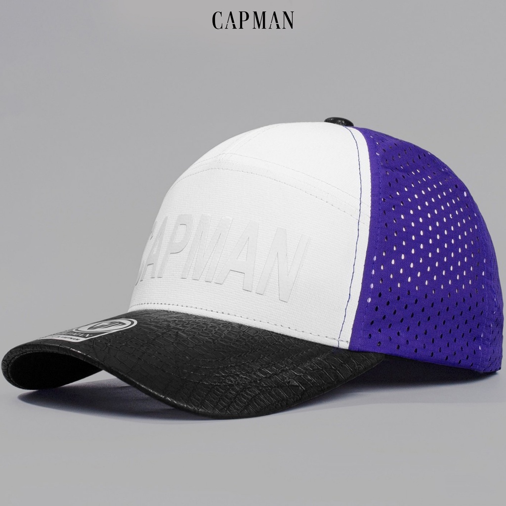 Mũ lưỡi trai chính hãng CAPMAN phom dáng thể thao vải da màu trắng xanh CM143