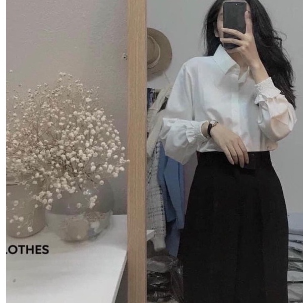 Áo sơ mi nữ đi học form rộng tay dài kiểu dáng hàn màu trắng tay phồng - Sơ mi nữ dài tay bigsize đẹp mặc đi làm công sở