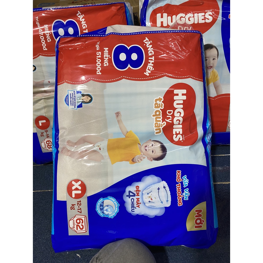 [Tặng 8 miếng] Tã/bỉm quần Huggies - Size XL Gói 62+8 miếng (Cho bé 12kg-17kg)