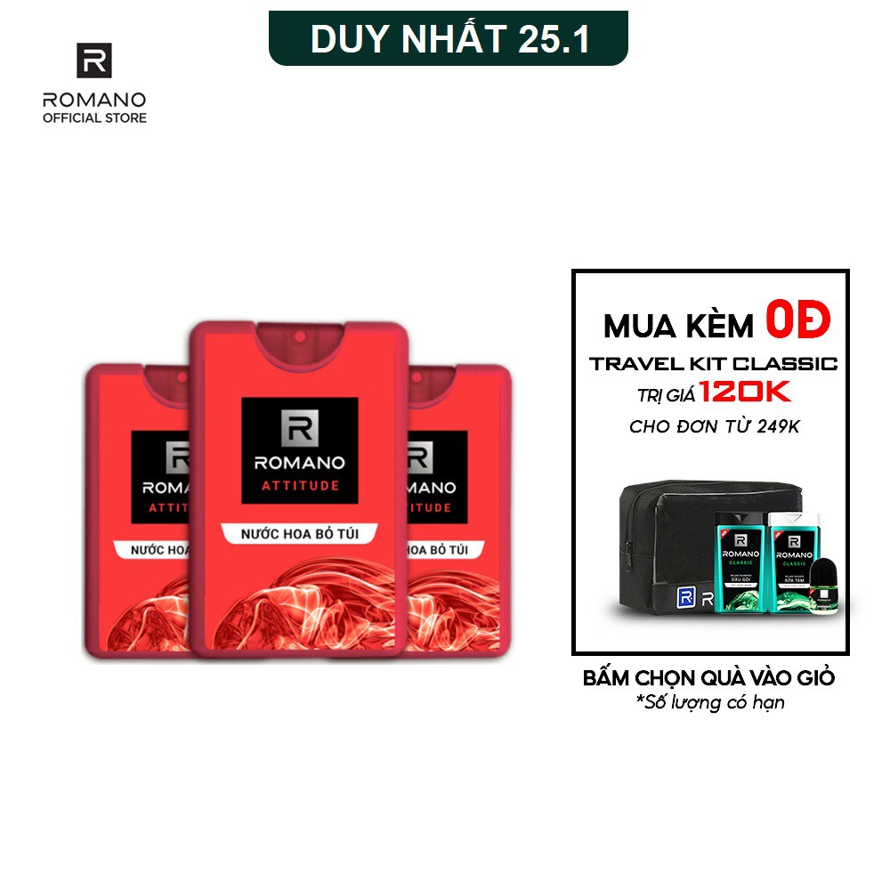 [Mã ROMATET25 giảm 25K đơn 199K] Combo 3 Nước hoa bỏ túi Romano Attitude nồng ấm quyến rũ 18ml/chai