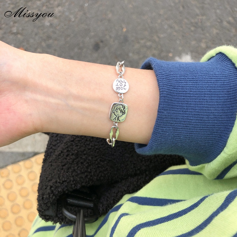 Vòng tay DODDER kiểu chuỗi dây xích màu bạc mặt dây khắc chữ thời trang cho nữ