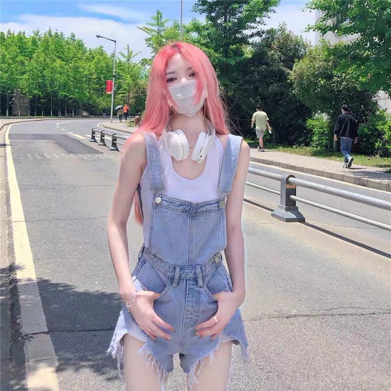 Yếm quần short ngắn jeans xanh nhạt rách tua ulzzang chân ống rộng có size lớn