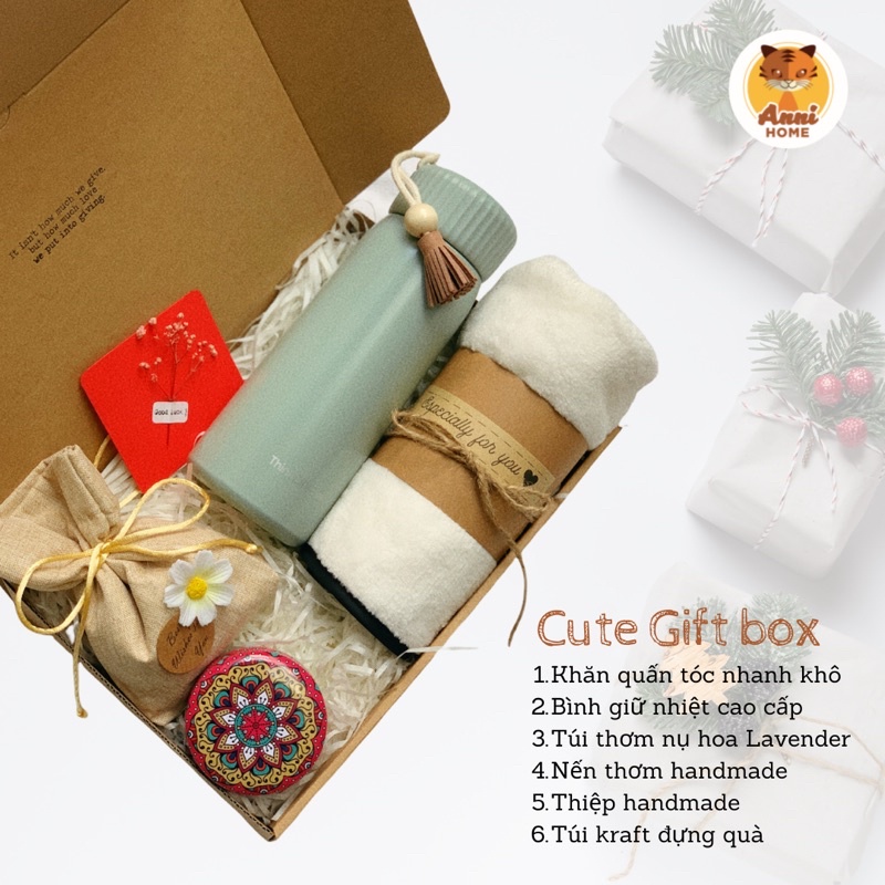Cute Gift Box - bộ quà tặng 6 món với bình giữ nhiệt, khăn quấn tóc nhanh khô, túi nụ thơm, nến thơm handmade