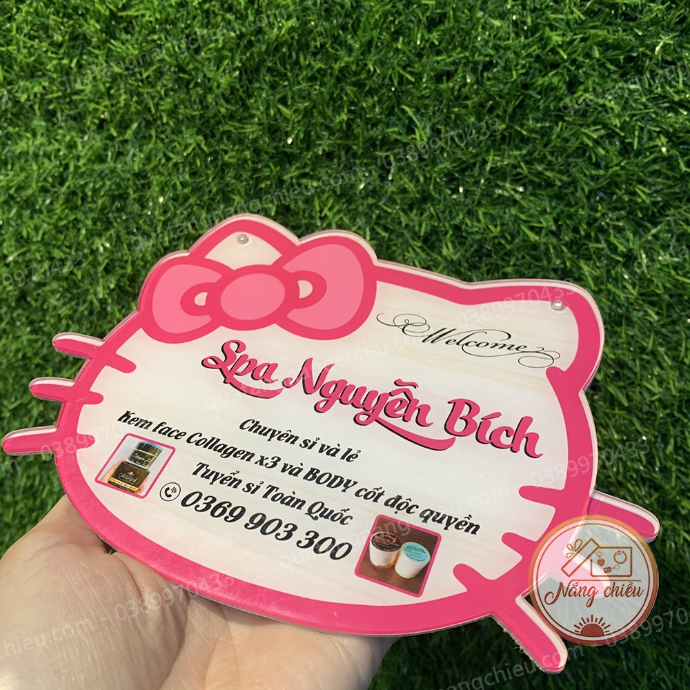 Bảng hiệu treo shop hình mèo hello kitty, đạo cụ chụp ảnh sản phẩm, chất liệu mika sáng bóng