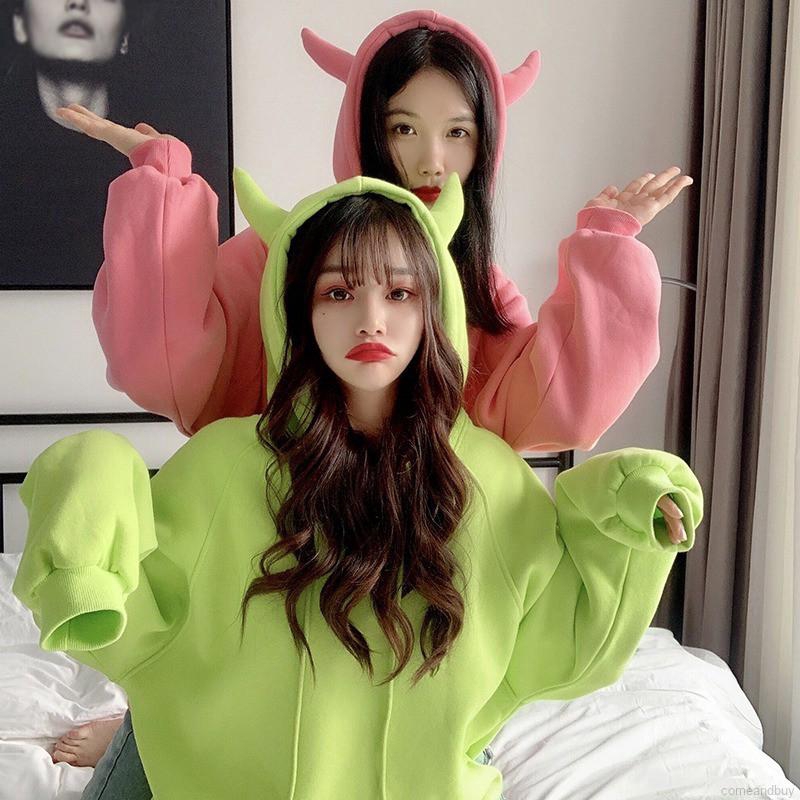 Áo Hoodie Dày Dáng Rộng Màu Trơn Thời Trang Thu Đông Cho Nữ