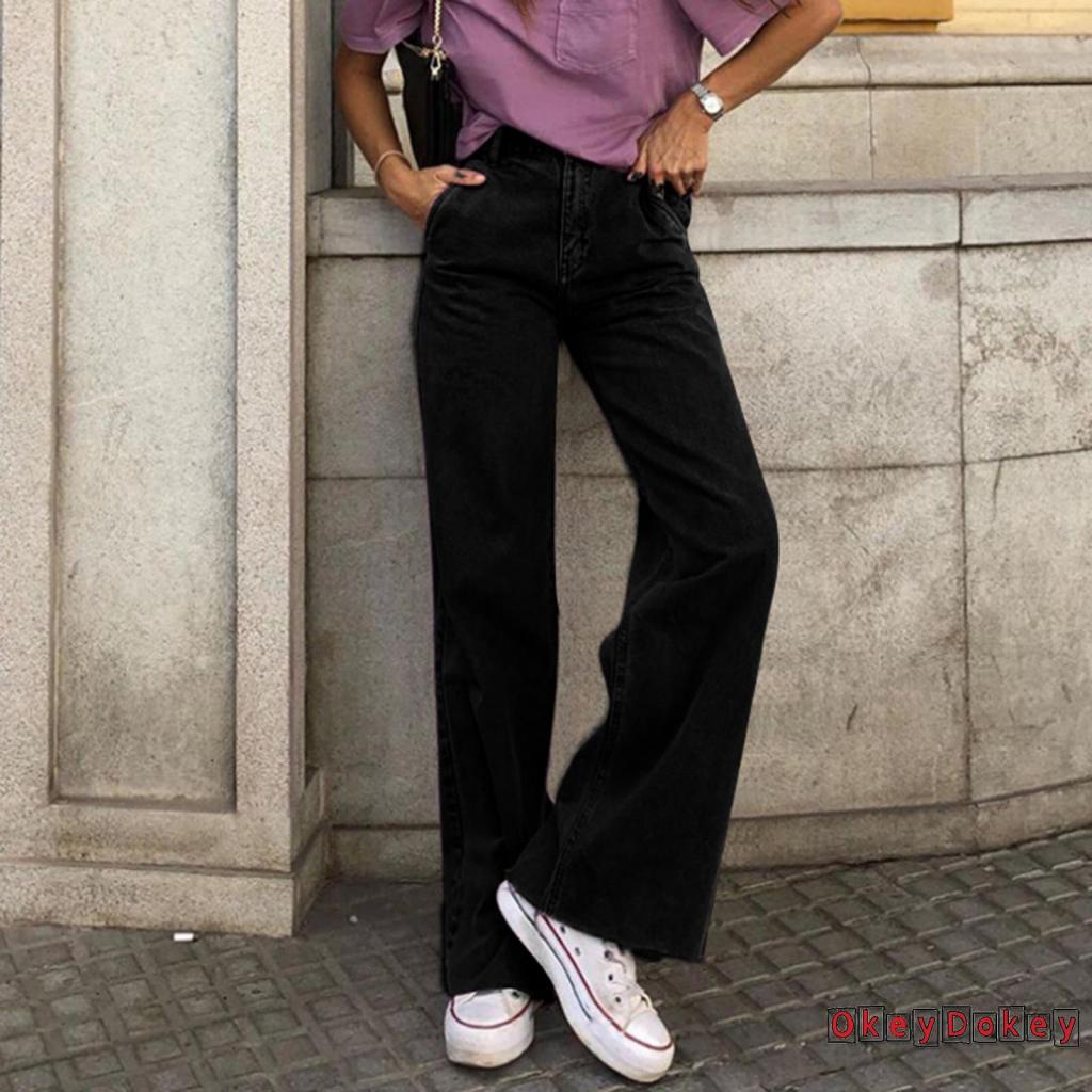 Quần Jean Ống Rộng Màu Trơn Hai Túi Thời Trang Cho Nữ