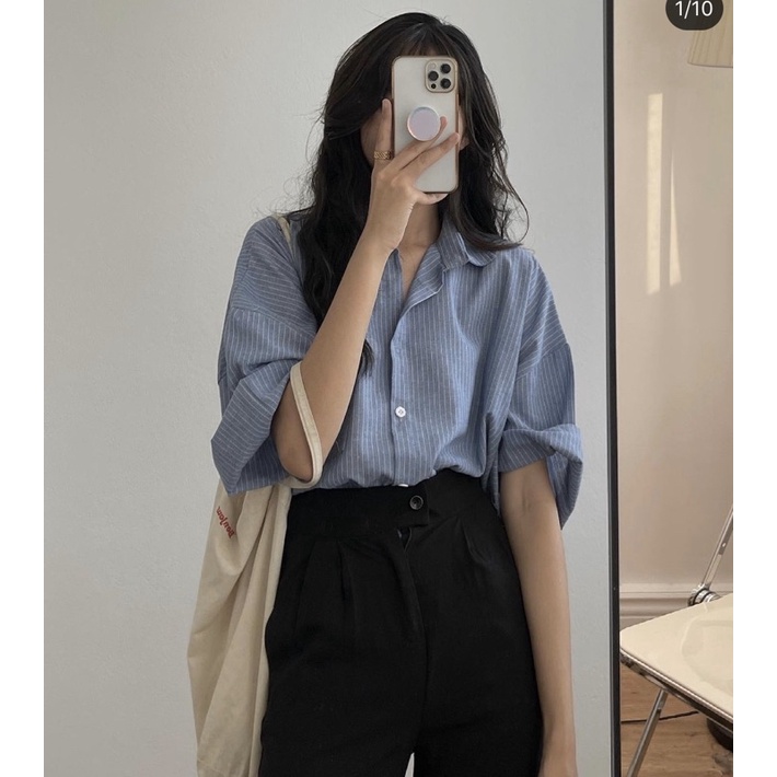 [Ảnh thật/Video]Áo sơ mi kẻ basic thiết kế xẻ vạt cài cúc phía sau Áo sơ mi Hàn Quốc | BigBuy360 - bigbuy360.vn