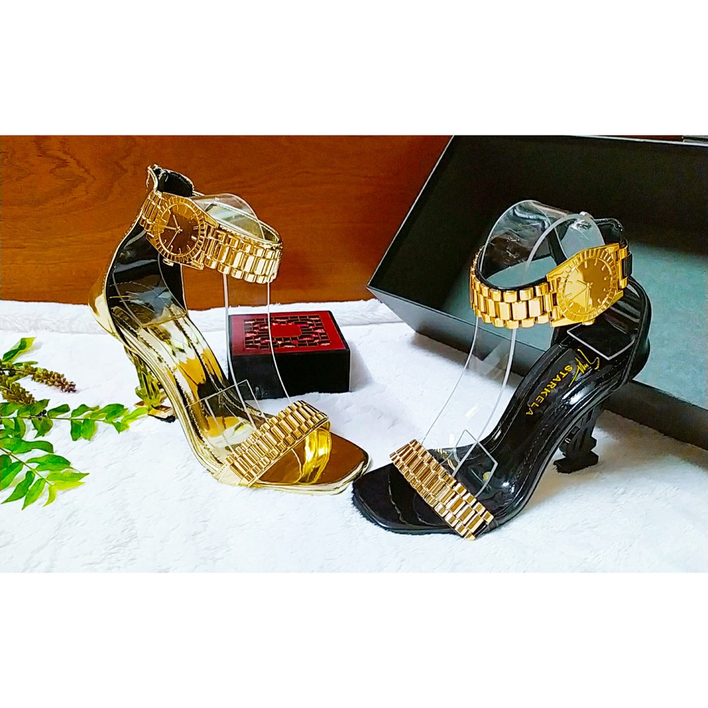 Giày nữ cao gót mạ vàng, thiết kế đồng hồ sang chảnh, đế chữ I cao 10 phân