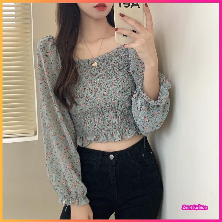 Áo Sơ Mi Nữ, Áo Croptop Bánh Bèo Chất Voan Chiffon Hoạ Tiết Hoa Nhí Ulzzang