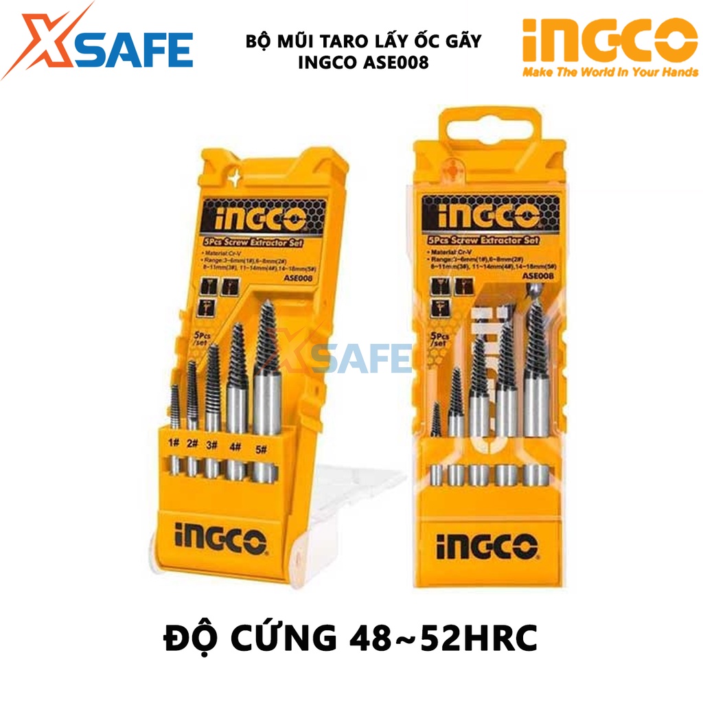 Bộ mũi taro lấy ốc gãy 5 chi tiết INGCO ASE008 Bộ 5 mũi ven răng size 3~6mm,6~8mm,8~11mm, 11~14mm,14~18mm