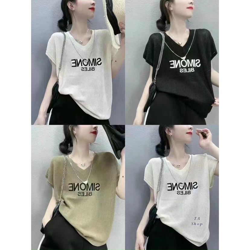 Áo len lưới Simone cổ tim tay hến kèm dây xích hot