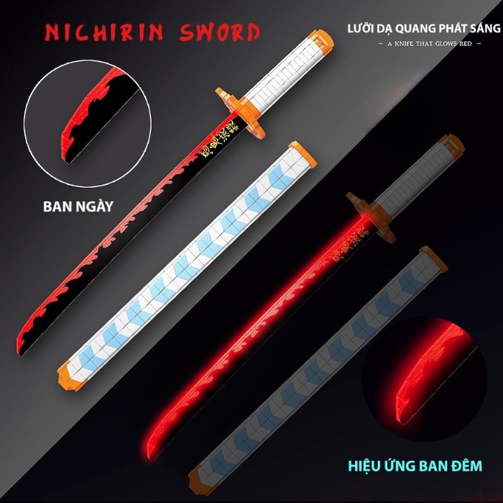 Đồ Chơi Lắp Ráp Kiểu Mô Hình Nhật Luân Kiếm Phát Sáng Của Viêm Trụ Rengoku Kyoujurou trong Kimetsu no Yaiba.