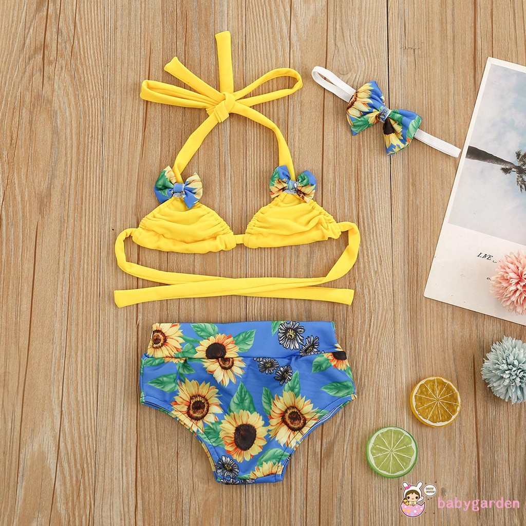Bộ đồ bơi hai mảnh họa tiết hoa hướng dương áo lót và quần lót đi kèm băng đô cho bé gái