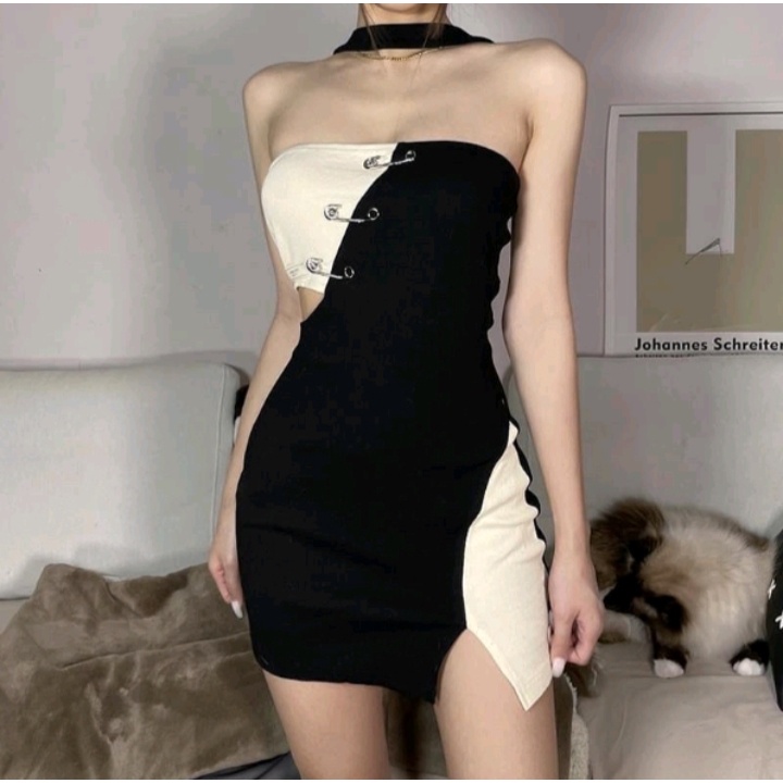 Đầm ôm body phối đọc lạ chất thun Gân dày dặn co giãn 4 chiều