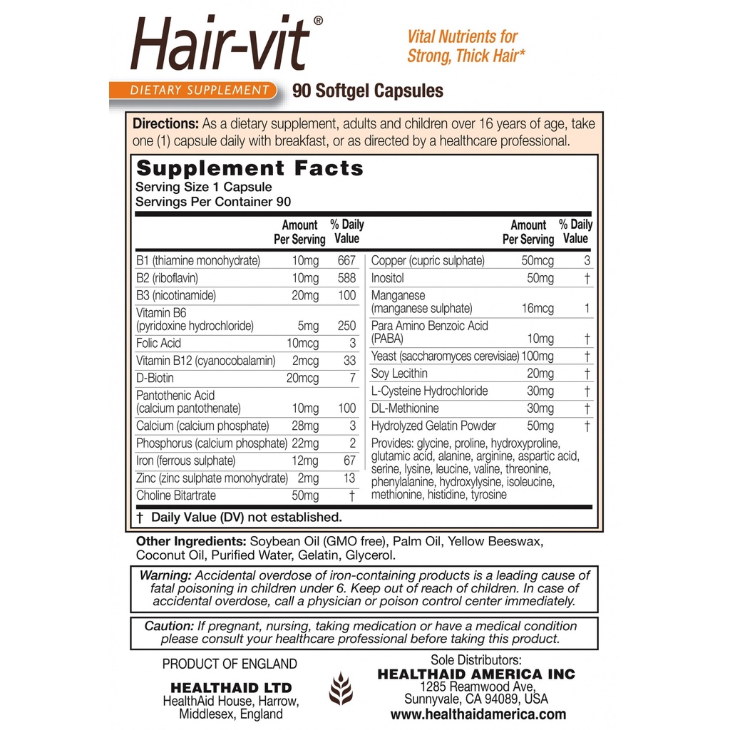 Viên Uống Nuôi Dưỡng Tóc HAIR-VIT HEALTHAID Hộp 30 viên, Hỗ trợ kích thích mọc tóc nhanh, ngăn ngừa rụng tóc-Anh Quốc